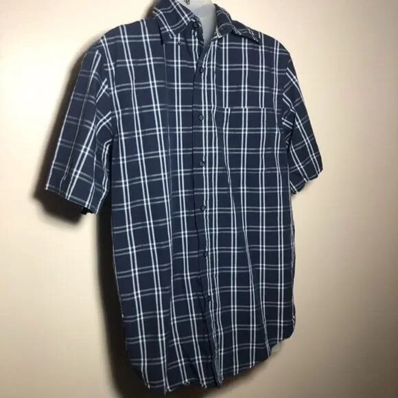 BASIC EDITIONS MEN'S SHORT SLEEVE NAVY BLUE/WHITE PLAID BUTTON DOWN SHIRT SMALL - Picture 2 of 4